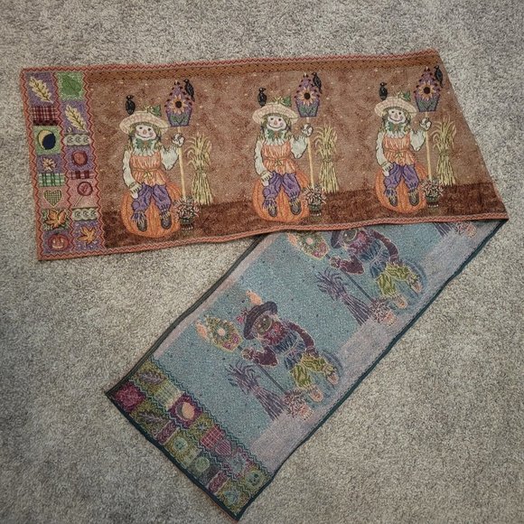 Autumn Harvest Fall Table Runner Tapestry 69 inch Scarecrow Pumpkin Thanksgiving - Picture 1 of 5